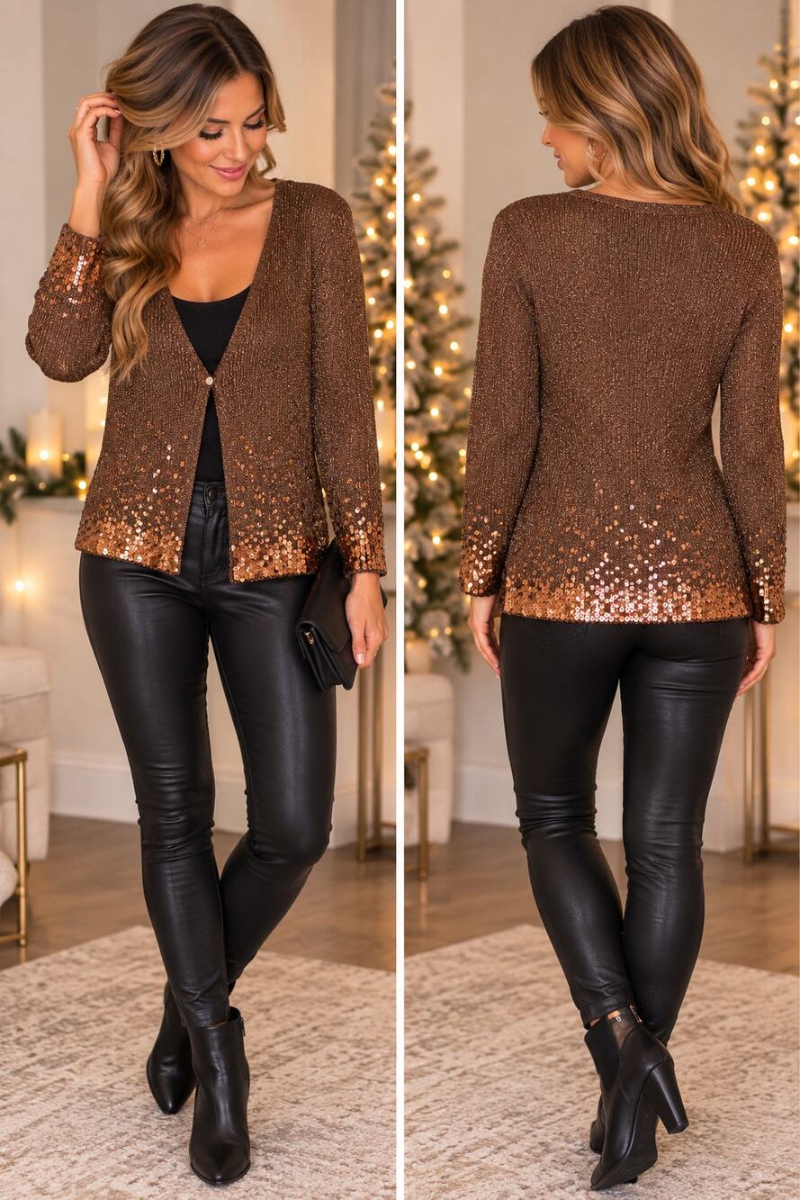 Investments Bronze Sequin Cardigan Sweater Metallic Sparkle Long Sleeve S